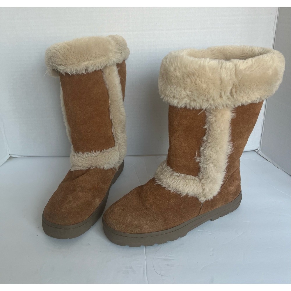 Style & Co Witty‎ Leather Chestnut Brown Mid Calf Cream Faux Fur Winter Boots 8